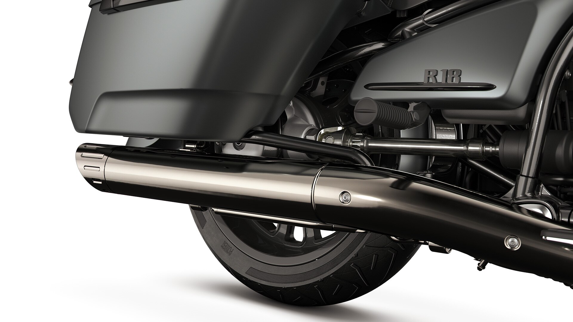 Detailed view of the rear silencer on the BMW Motorrad R 18 Roctane