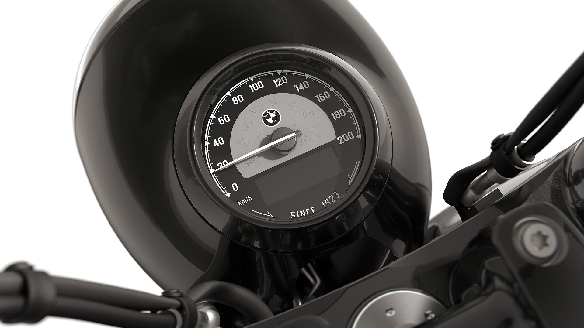 Detailed view of the round dial-type speedometer on the BMW Motorrad R 18 Roctane